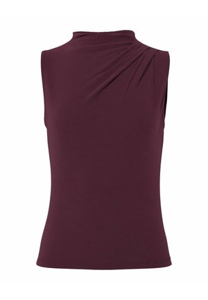 Marlburg mouwloos topje in diep bordeauxrood, met een hoge halslijn en geregen detail op de linker schouder, gemaakt van zachte, rekbare stof.