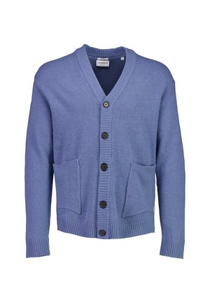 Cardigan lavorato a maglia in azzurro chiaro, con scollo a V, cinque bottoni e due tasche frontali, bordi e orlo a costine. Texture morbida.