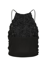 Czarna bluzka z teksturowymi aplikacjami w kształcie róż na przodzie, z regulowanymi cienkimi ramiączkami i gładką dolną częścią.