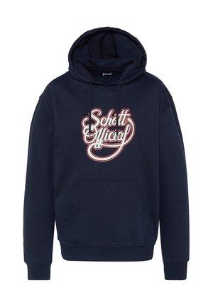 Marineblauer Kapuzenpullover mit Fronttasche und weiß-rotem "Schott Official" Schriftzug auf der Brust.