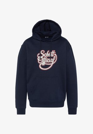 Sweat à capuche bleu marine avec poche avant et logo script "Schott Official" en blanc et rouge sur la poitrine.