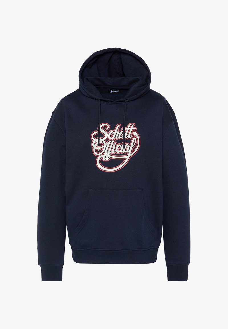 Sweat à capuche bleu marine avec poche avant et logo script "Schott Official" en blanc et rouge sur la poitrine.