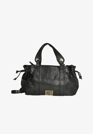 Bolso de mano negro texturizado con dos asas superiores, cordones ajustables, herrajes en tono dorado y una placa con el logo en la parte delantera.