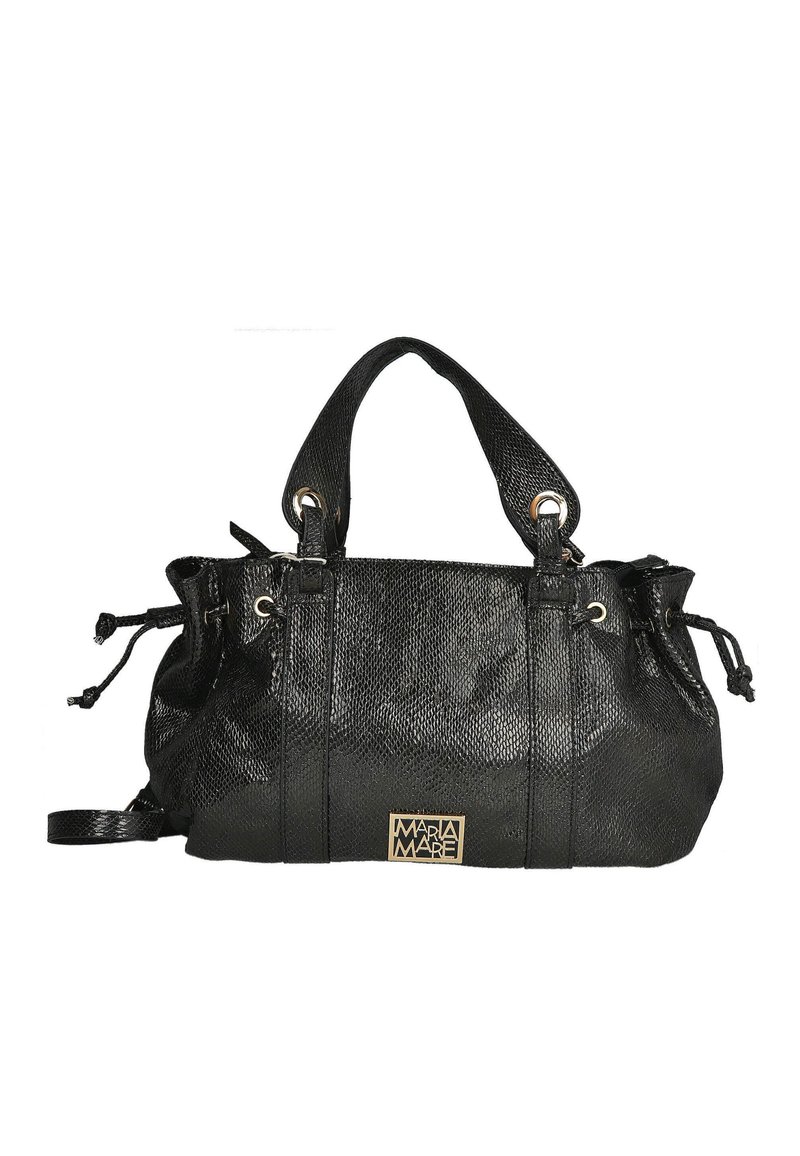 Bolso de mano negro texturizado con dos asas superiores, cordones ajustables, herrajes en tono dorado y una placa con el logo en la parte delantera.