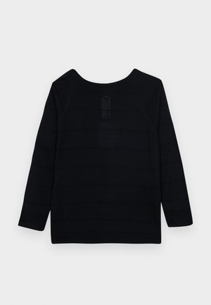 Black long-sleeve top with a rounded neckline, featuring a textured pattern and reinforced stitching along the seams.