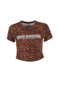 Korte mouwen crop top met luipaardprint, voorzien van een ronde halslijn en het "TRUE RELIGION" logo in metallic versieringen. Bruine en zwarte kleuren.