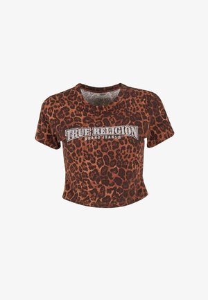 Haut cropped à manches courtes en imprimé léopard avec un col rond et le logo "TRUE RELIGION" en embellissements métalliques. Couleurs marron et noir.