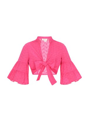 Jachetă scurtă roz aprins, cu funda în față, mâneci evazate și model floral cu perforații. Prezintă un guler mandarin și o textură moale.