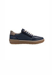 Navy leather sneaker with tan accents, featuring a zip closure, fabric laces, textured sole, and a sleek, rounded design.