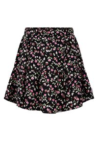 Schwarzer Blumenkleid mit schichtweisem Design, pinken und weißen Blumen, elastischem Bund und einem leichten Stoff.