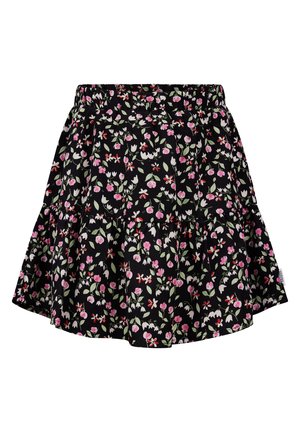 Schwarzer Blumenkleid mit schichtweisem Design, pinken und weißen Blumen, elastischem Bund und einem leichten Stoff.