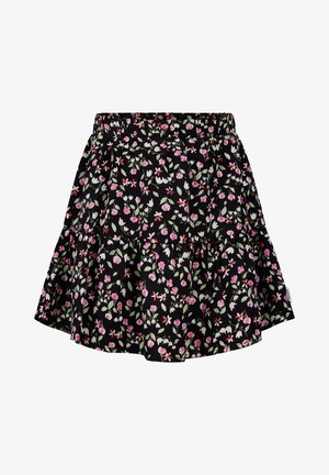 Black floral skirt featuring a tiered design with pink and white flowers, elastic waistband, and a lightweight fabric texture.