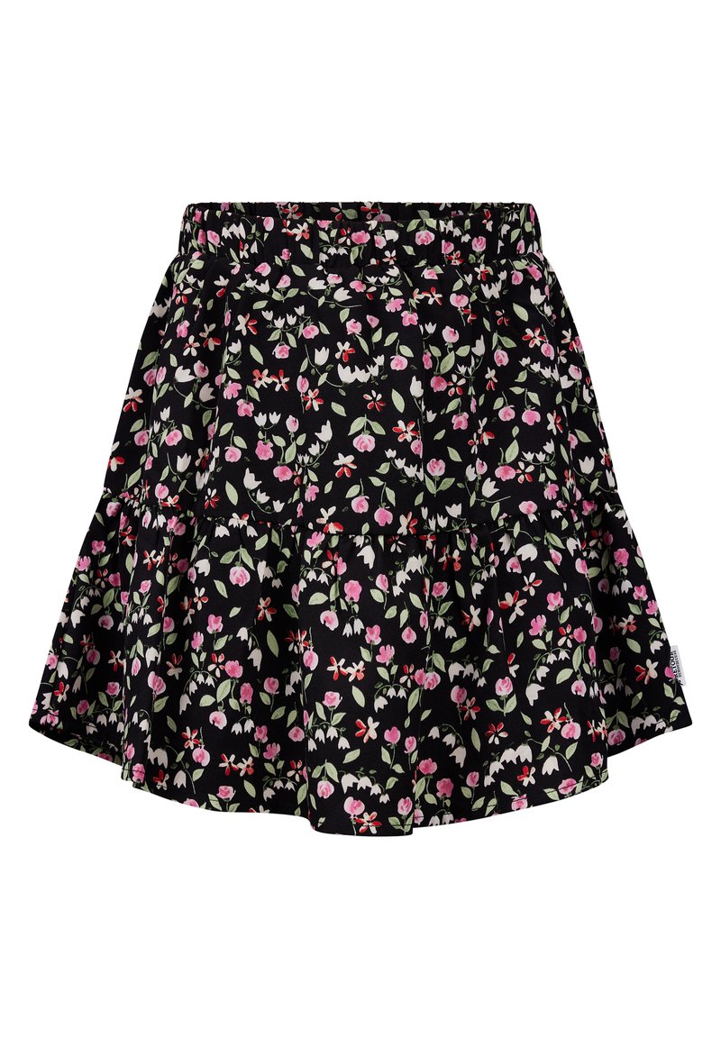 Schwarzer Blumenkleid mit schichtweisem Design, pinken und weißen Blumen, elastischem Bund und einem leichten Stoff.