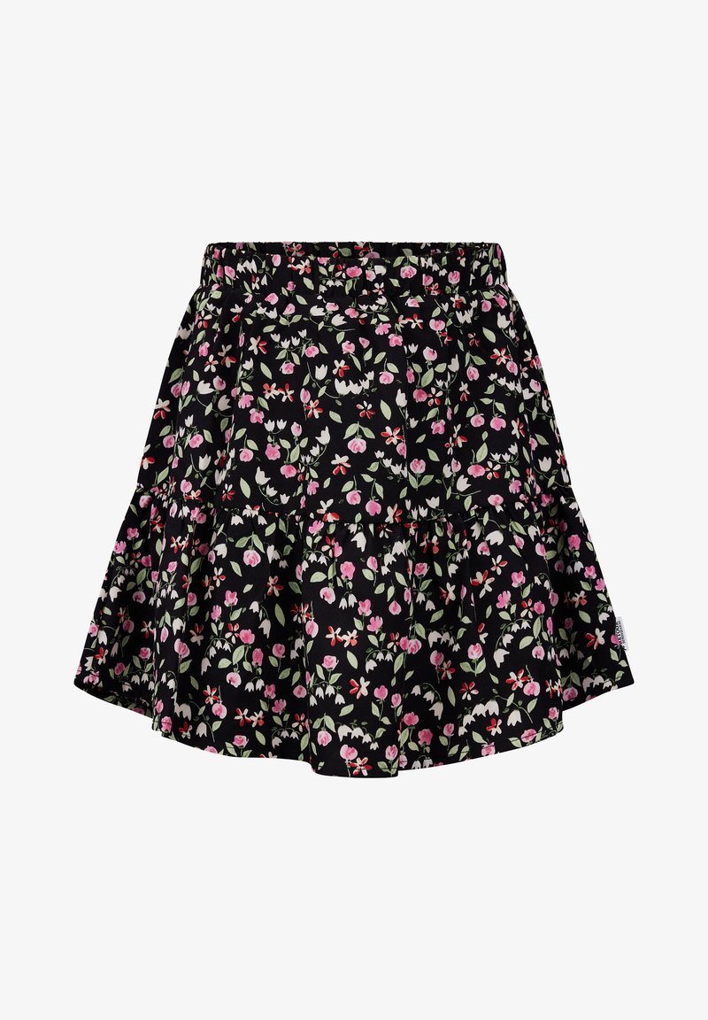 Schwarzer Blumenkleid mit schichtweisem Design, pinken und weißen Blumen, elastischem Bund und einem leichten Stoff.