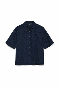 Navy short-sleeve shirt featuring embroidered floral patterns, button front closure, and a classic collar design. Textured fabric with cutouts.