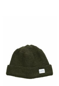 Knitted beanie in dark green with a cuffed design. Features a textured woven pattern and a small woven logo patch on the cuff.