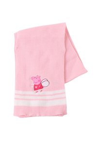 Chaussettes roses pour enfants en tissu doux, avec un motif Peppa Pig et deux rayures blanches horizontales en haut.