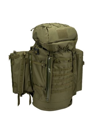 Grote olijfgroene tactische rugzak met meerdere vakken, zijzakken, banden en webbing voor modulaire bevestigingen.