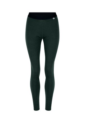 Leggings de un verde oscuro, confeccionados con un material suave y elástico. Cuentan con una cinturilla negra y una pequeña etiqueta con el logotipo cerca de la cintura. Diseño ajustado.