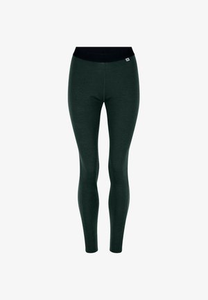 Dark green leggings made of a soft, stretchy material. Features a black waistband and a small logo tag near the waist. Form-fitting design.