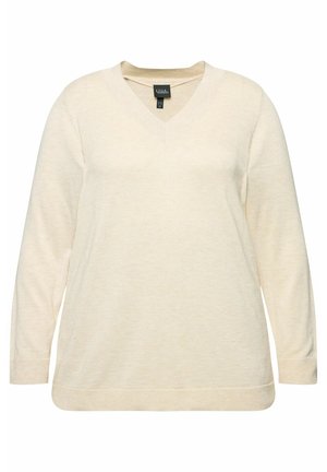 Beige pletený svetr s dlouhými rukávy a výstřihem do V. Má hladkou texturu a ribbené akcenty na manžetách a spodním lemu.