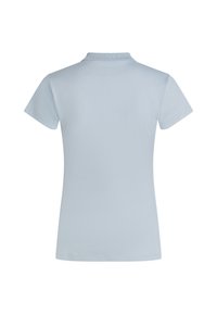 Ανοιχτό γαλάζιο κοντομάνικο πόλο πουκάμισο, εμφανιζόμενο από πίσω, με ριμπ γιακά και απλό, λείο ύφασμα.