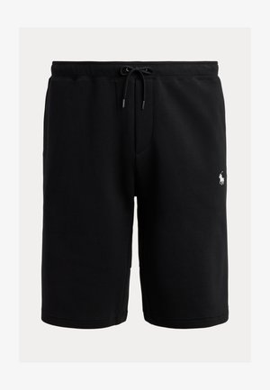 Black cotton sweat shorts featuring an elastic waistband with drawstring, side pockets, and a small white logo on the left leg.