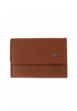 Brown leather wallet with flap closure and small silver emblem on the front, showing detailed stitching along the edges.