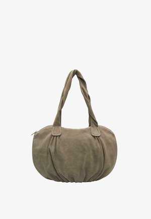 Borsa a mano in morbido camoscio marrone con corpo arrotondato e doppi manici intrecciati, dotata di chiusura superiore con cerniera.