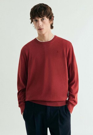 Joven con cabello castaño de longitud media, viste un suéter rojo sobre una camiseta blanca y pantalones negros, posando contra un fondo liso.