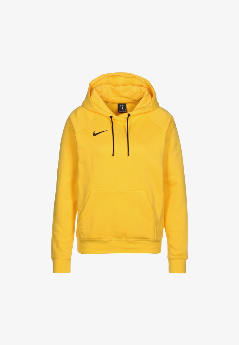 Keltainen huppari, valmistettu pehmeästä kankaasta, jossa on kengurutasku, mustat kiristysnyörit ja pieni musta Nike-logo vasemmassa rinnassa.