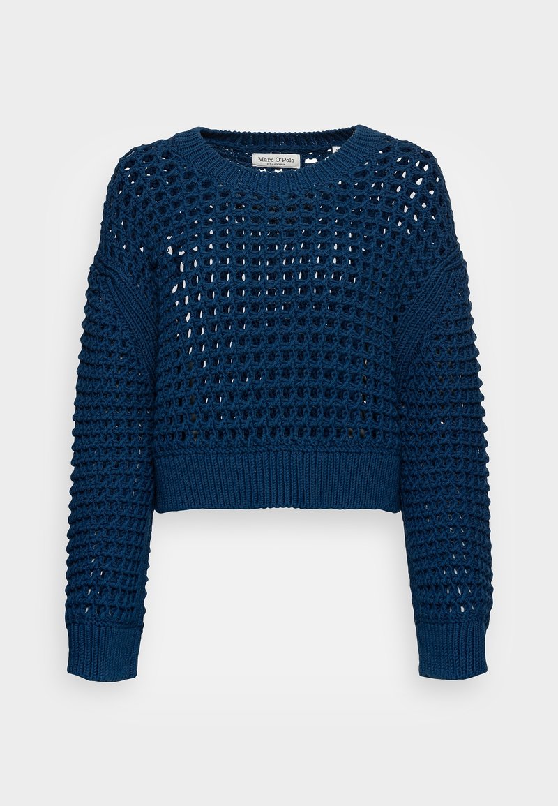 Pull court en maille bleu marine avec motif ajouré, col rond côtelé, poignets et ourlet.