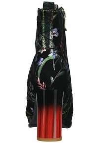 Black velvet ankle boot with floral embroidery, contrasting shiny heel graduating from black to red, and gold hardware detail at the zipper.