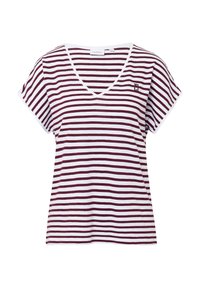 Gestreiftes Kurzarm-V-Ausschnitt-T-Shirt in Weiß und Burgunderrot, aus Baumwolle gefertigt, mit einem kleinen gestickten Logo auf der Brust.