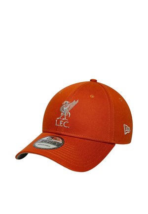Orange verstellbare Baseballkappe mit Liverpool Football Club-Logo und New Era Markenlogo an der Seite.