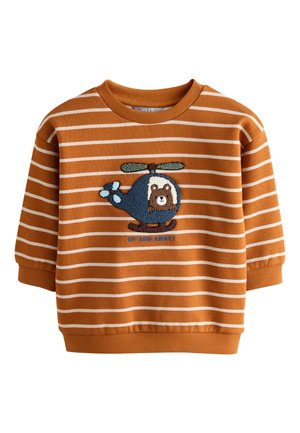 Langærmet toddler sweatshirt i rust orange og hvid med broderet blå helikopter og brun bjørn, tekst "UP AND AWAY!" foran.