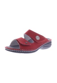 Red suede slide sandals with dual adjustable straps, gray interior lining, and a curved sole. Features a round logo accent on the side.