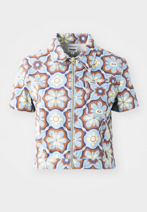 Lühikeste varrukatega jakk, millel on lilleline muster sinises, oranžis ja kollases, valmistatud tekstuursetest kangast, ees luku ja rinnataskuga.