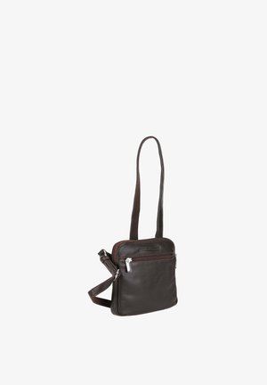 Sac bandoulière en cuir marron foncé avec poche zippée devant et sangle ajustable, forme rectangulaire, conçu pour un usage quotidien.