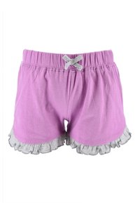 Purple cotton shorts with a grey ruffled hem. Features an elastic waistband and a grey bow accent at the front. Soft texture.
