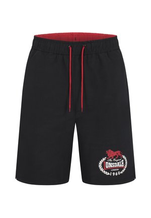 Black shorts with an elastic waistband and red drawstring. Features a red and white logo with a lion design on the left thigh.