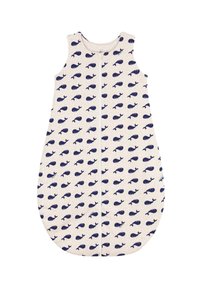 Miegmaišis smėlio spalvos audinyje su tamsiai mėlynu banginio raštu. Turi centrinį užtrauktuką ir be rankovių dizainą. Minkšta, apvali forma.