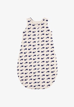 Alvószatyor bézs anyagból, tengerészkék bálnamintával. Középen cipzáras és ujjatlan kialakítás. Puha, lekerekített forma.