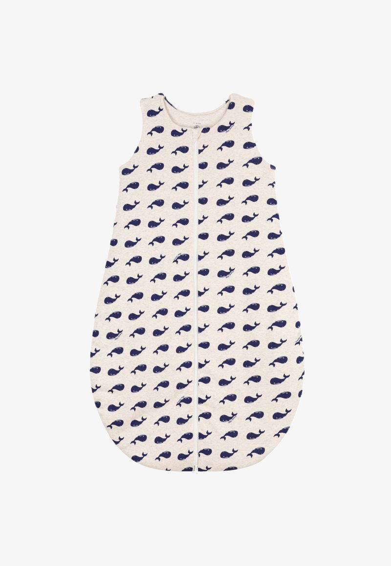 Miegmaišis smėlio spalvos audinyje su tamsiai mėlynu banginio raštu. Turi centrinį užtrauktuką ir be rankovių dizainą. Minkšta, apvali forma.