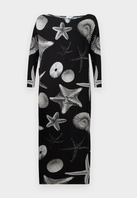 Schwarzes Kleid mit weißen, meeresinspirierten Drucken, darunter Seesterne und Muscheln. Verfügt über lange Ärmel und einen lockeren, entspannten Schnitt.