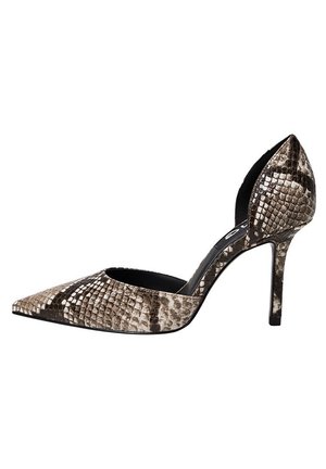 Pointed-toe high heel shoe in faux snakeskin pattern with a blend of browns and blacks; sleek silhouette with a stiletto heel.
