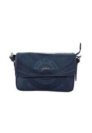 Borsa a tracolla blu scuro con texture, chiusura a patta, tracolla regolabile e logo dorato "Gallantry" al centro frontale.