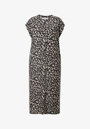 Midi-mekko leopardikuosisena pehmeässä kankaassa. Ominaisuuksiin kuuluu rento istuvuus, hihattomat cap-sleet, pyöreä pääntie ja suora siluetti.