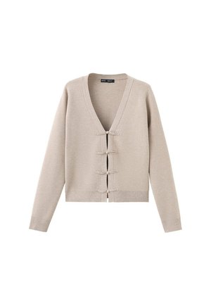 Beige V-neck cardigan with long sleeves and four traditional knot button closures down the front.