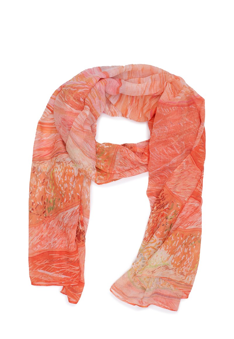 Sciarpa leggera in tonalità di arancione, con un motivo testurizzato e sottili variazioni, realizzata in un tessuto leggero per una facile drappeggio.